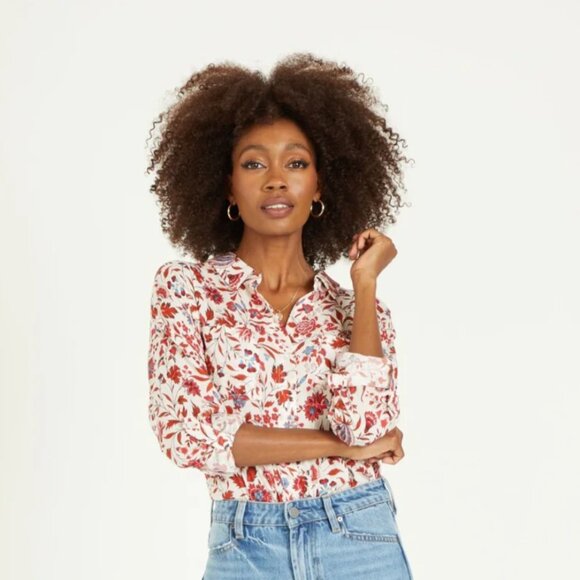Dear John Tops - Dear John Red & White Malia V-Neck Floral Lightweight Blouse - Size - Medium